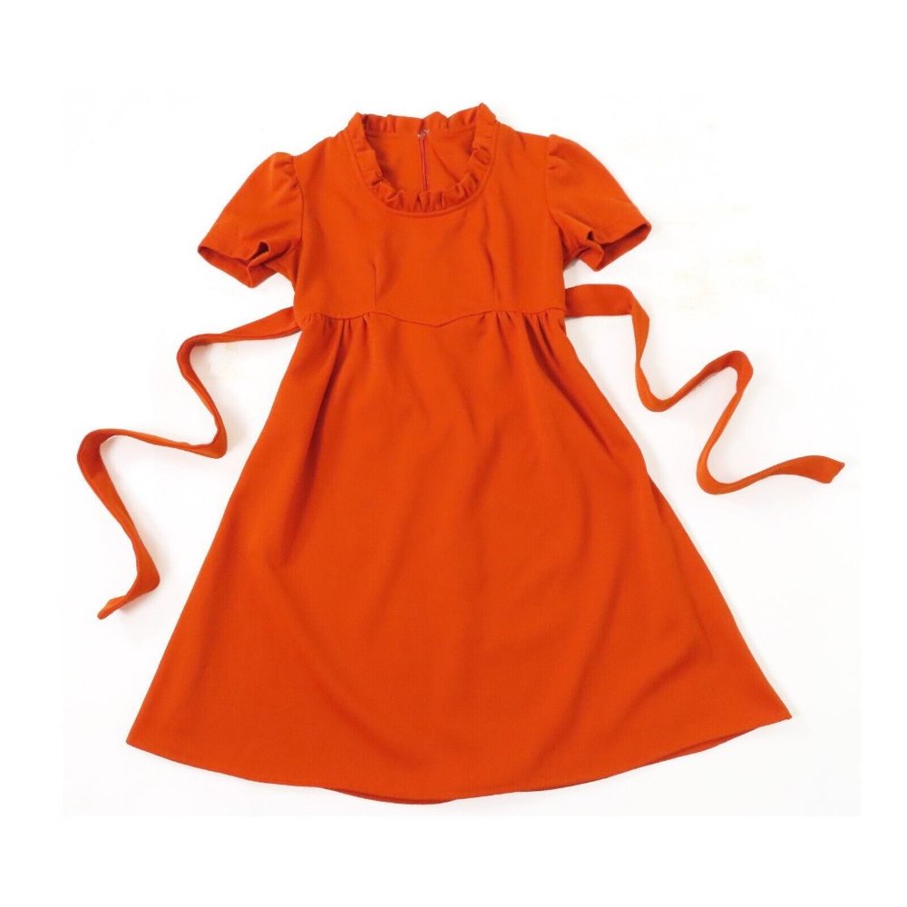 Vintage 60s Pumpkin Orange Mod Ruffle Short Mini Puff Sleeve Babydoll Dress XS